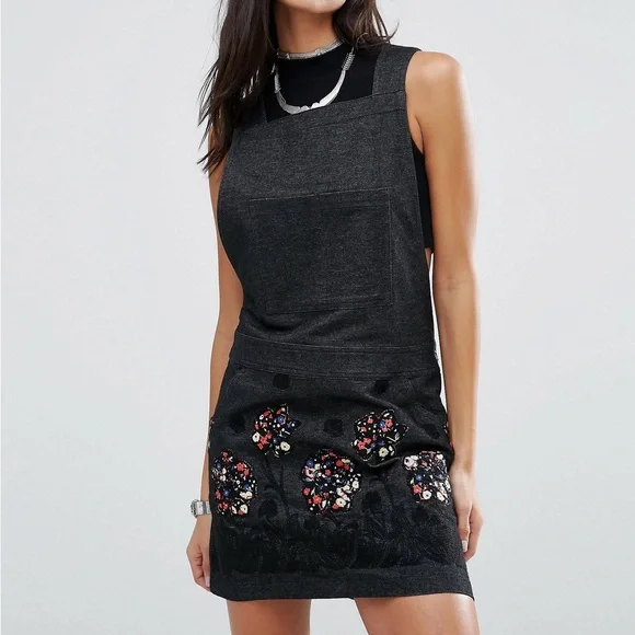 Anna Sui Dresses | Anna Sui Pansy Flower Appliqu Embroidery Denim Overall Quirky Dress | Color: Black/Blue | Size: S | Solthreads's Closet